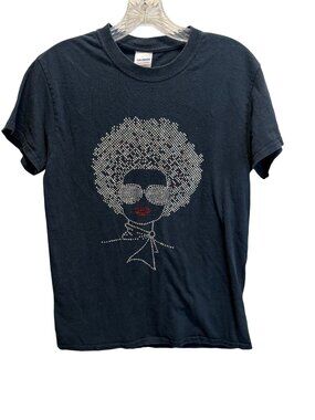 Afro Woman Rhinestone Graphic Tee Black Cotton T-Shirt Small Gildan Heavy Cotton